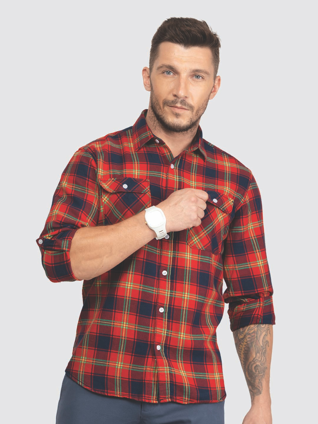 

USMC Relaxed Fit Checked Roll-Up Sleeves Cotton Casual Shirt, Red