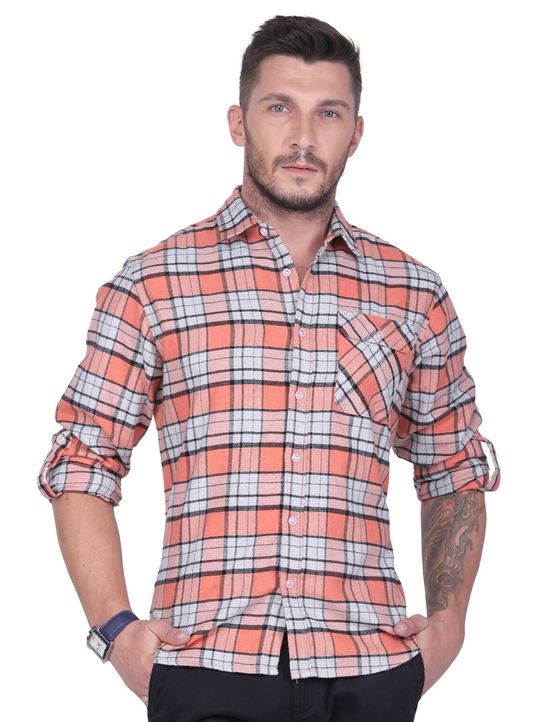 

USMC Cotton Regular Fit Casual Checked Shirt, Peach