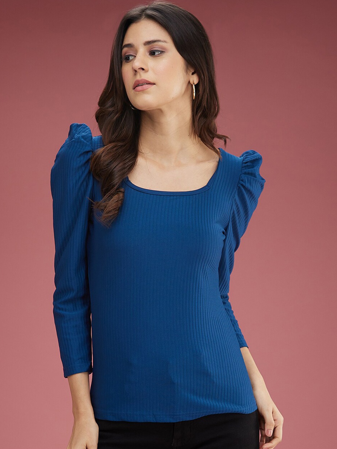 

DressBerry Teal Blue Round Neck Cotton Cambric Puff Sleeves Top