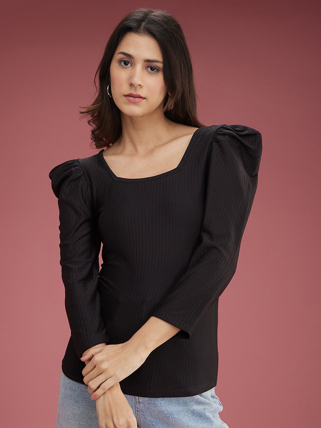 

DressBerry Black Square Neck Puff Sleeves Cotton Cambric Top