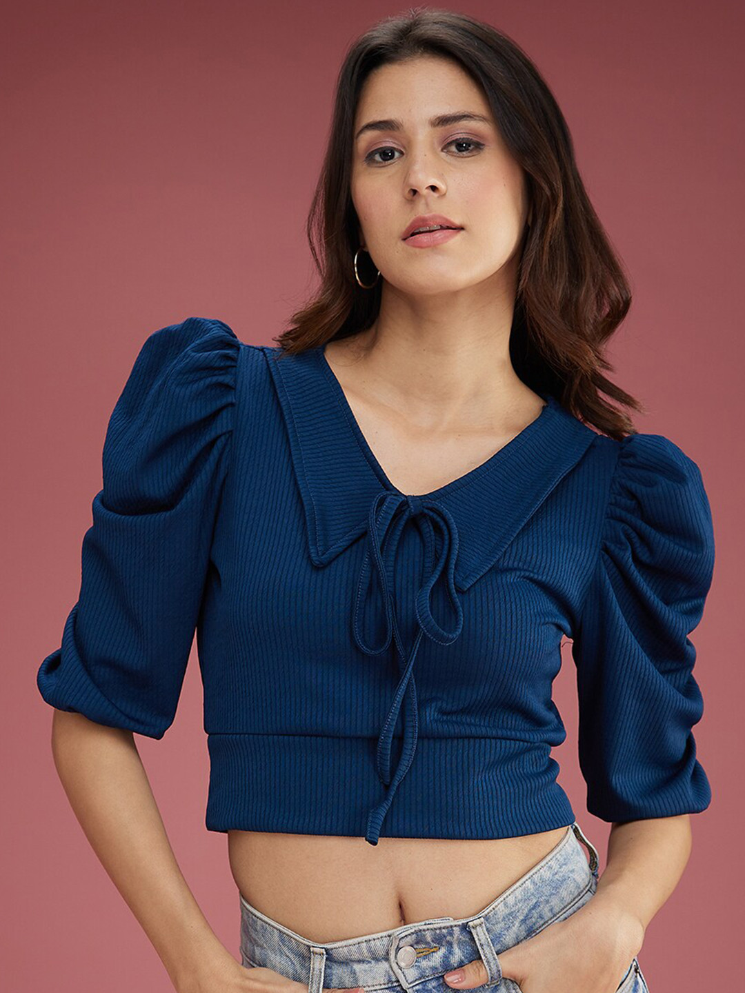 

DressBerry Teal Above the Keyboard Collar Tie-Up Detail Puff Sleeves Crop Top