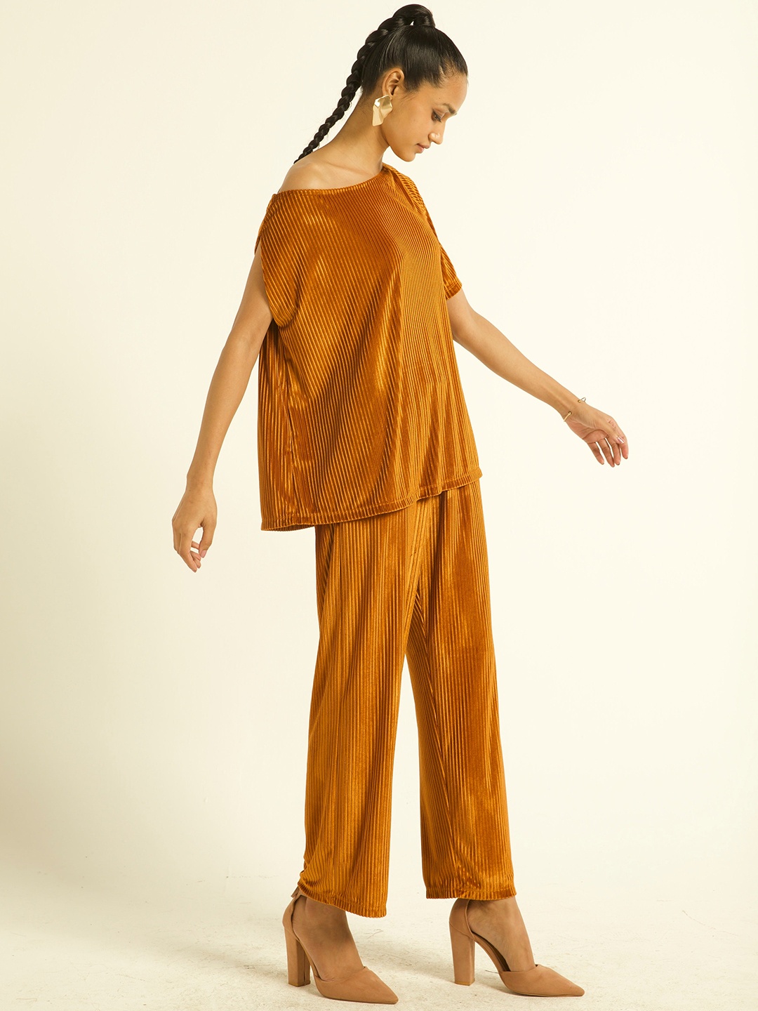 

Dash and Dot Velvet Pleated Short Sleeves Top With Trouser Co-Ords, Mustard