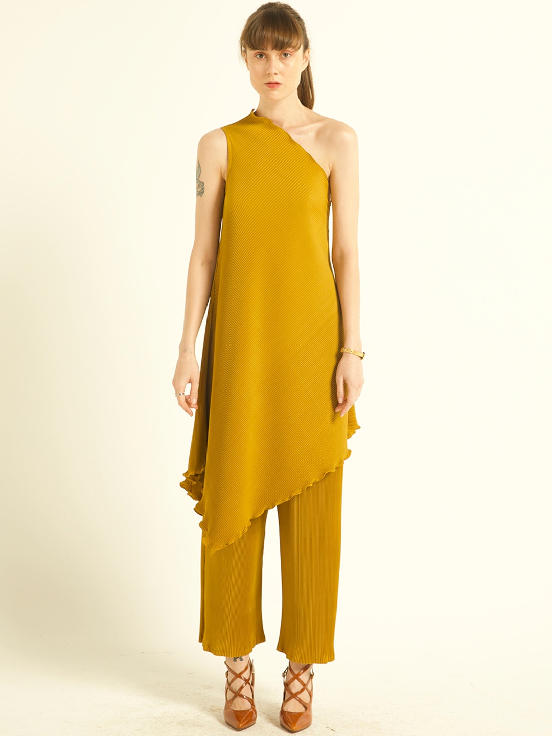 

Dash and Dot Pleated One Shoulder Tunic With Trouser, Mustard