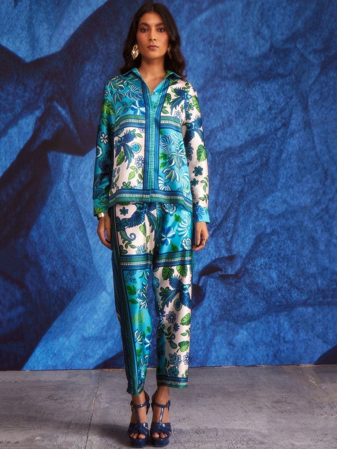 

Dash and Dot Tropical Printed Shirt With Trousers, Blue