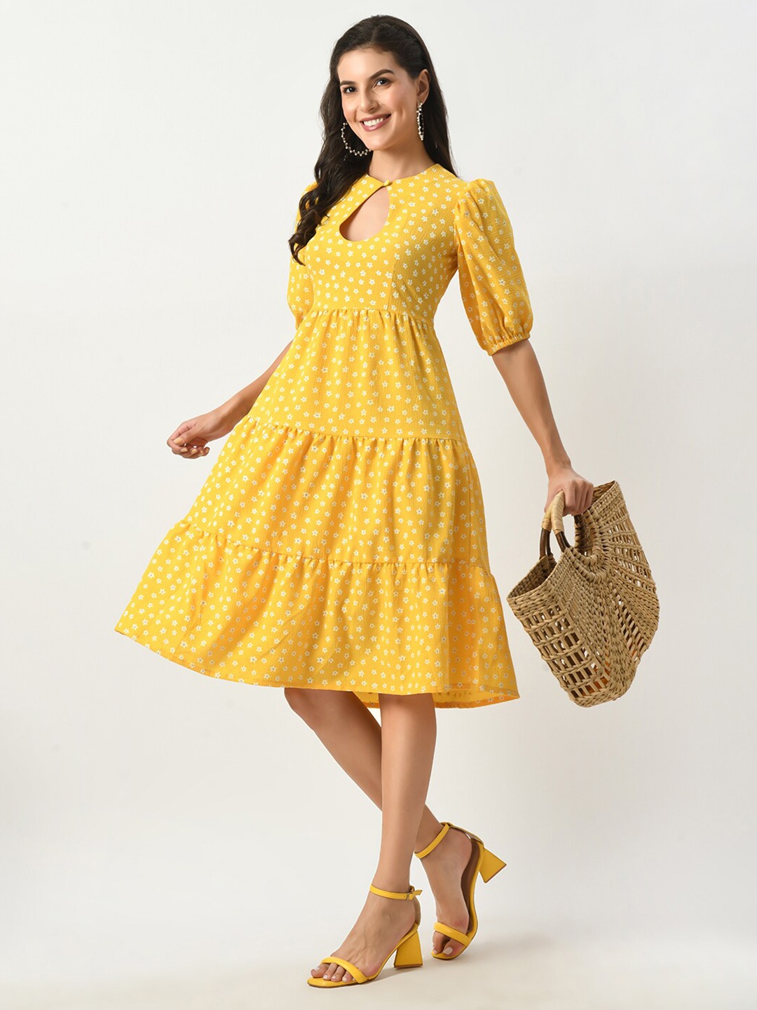 

Hencemade Ethnic Motifs Print Keyhole Neck Crepe Empire Dress, Yellow