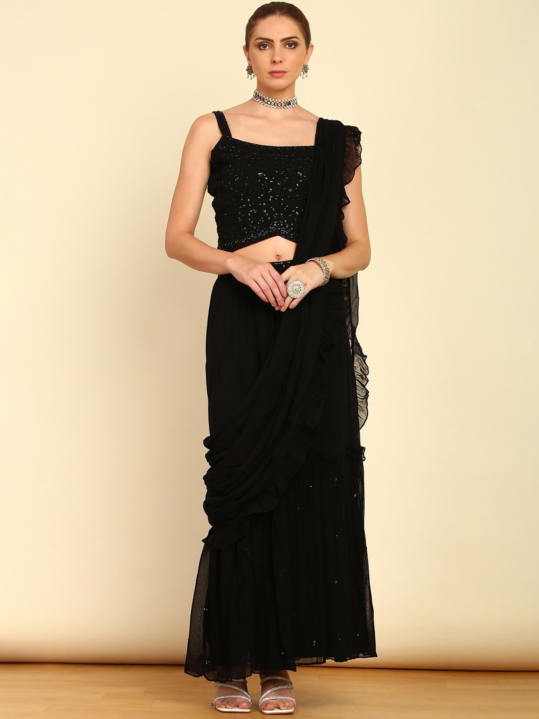 

Soch Paisley Yoke Design Layered Sequinned Embellished Top With Sharara & Dupatta, Black
