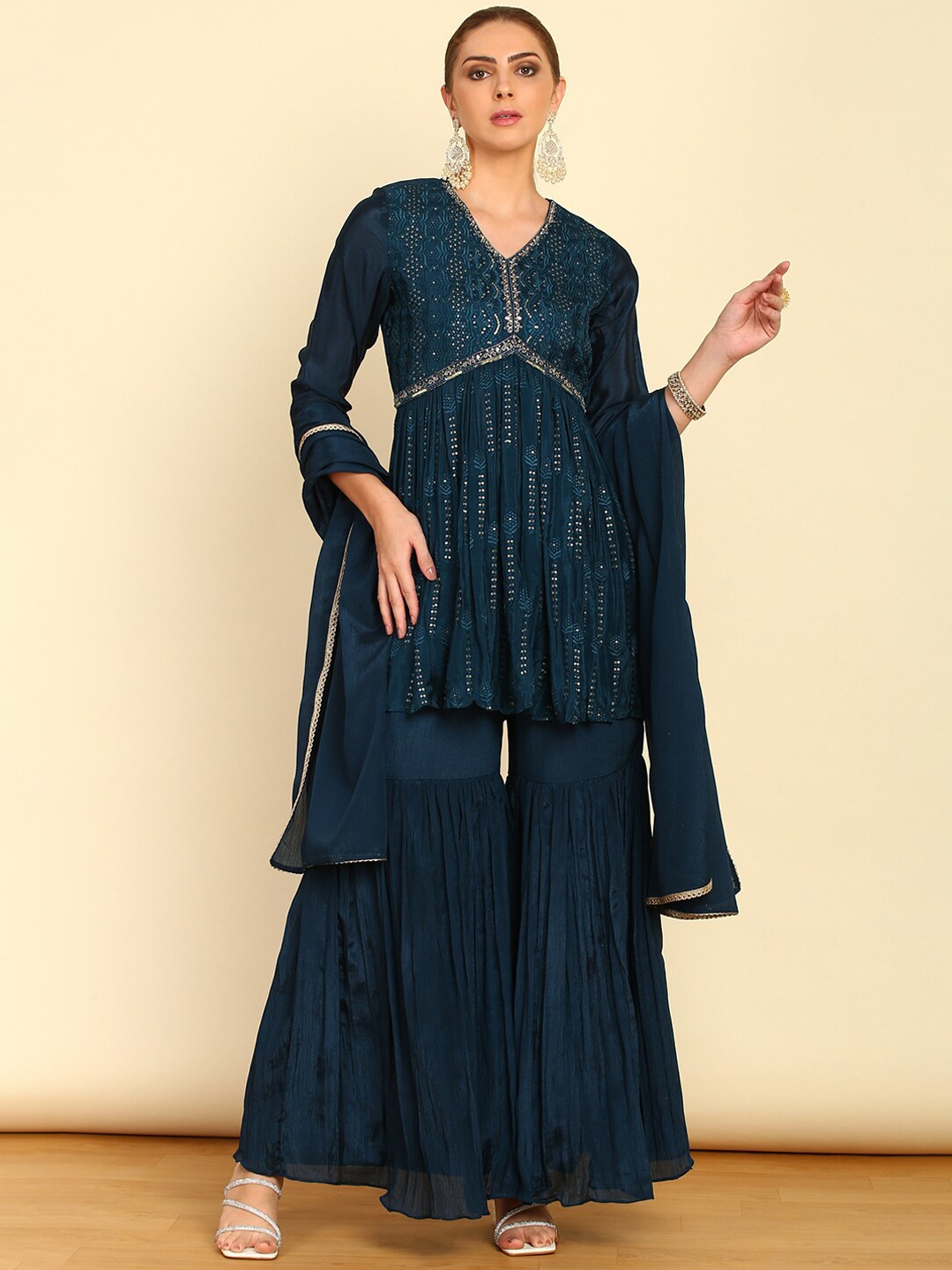 

Soch Teal Blue Ethnic Motifs Embroidered A-Line Empire Kurti & Sharara With Dupatta