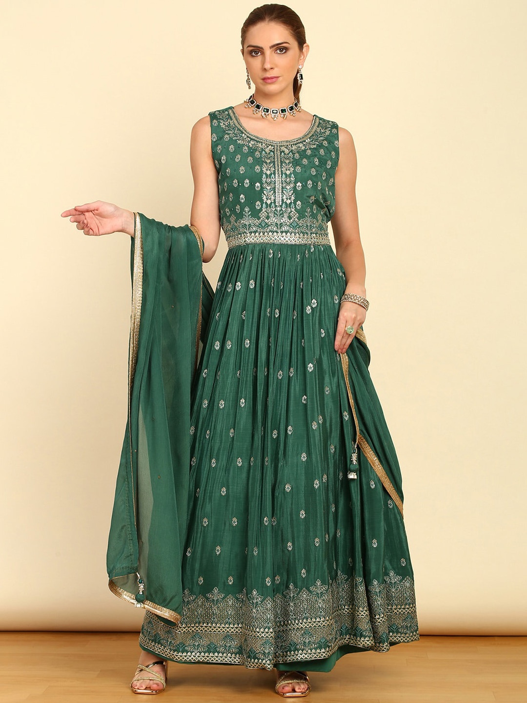 

Soch Floral Embroidered Beads and Stones Kurta With Churidar & Dupatta, Green