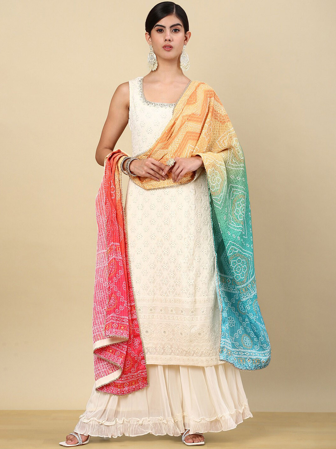 

Soch Off White Ethnic Motifs Embroidered Regular Thread Work Kurta Set With Dupatta