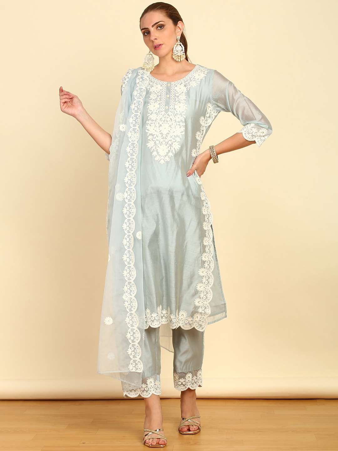 

Soch Paisley Embroidered Thread Work Chanderi Silk Kurta & Trousers With Dupatta, Blue