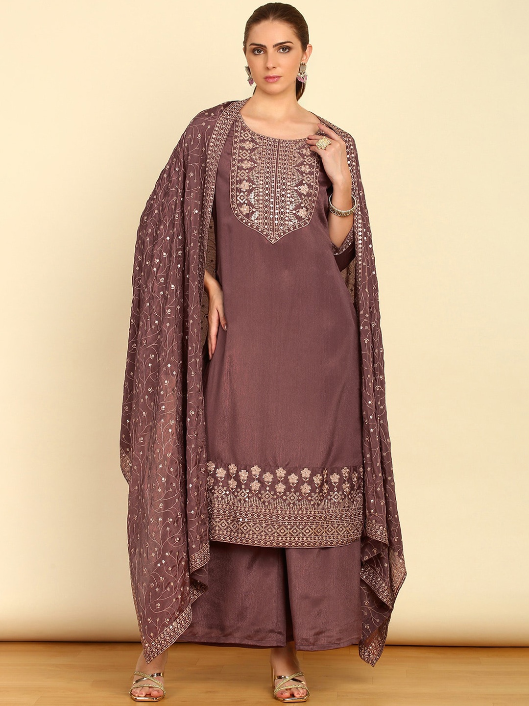 

Soch Mauve Ethnic Motifs Embroidered Sequinned Straight Kurta with Palazzos & Dupatta