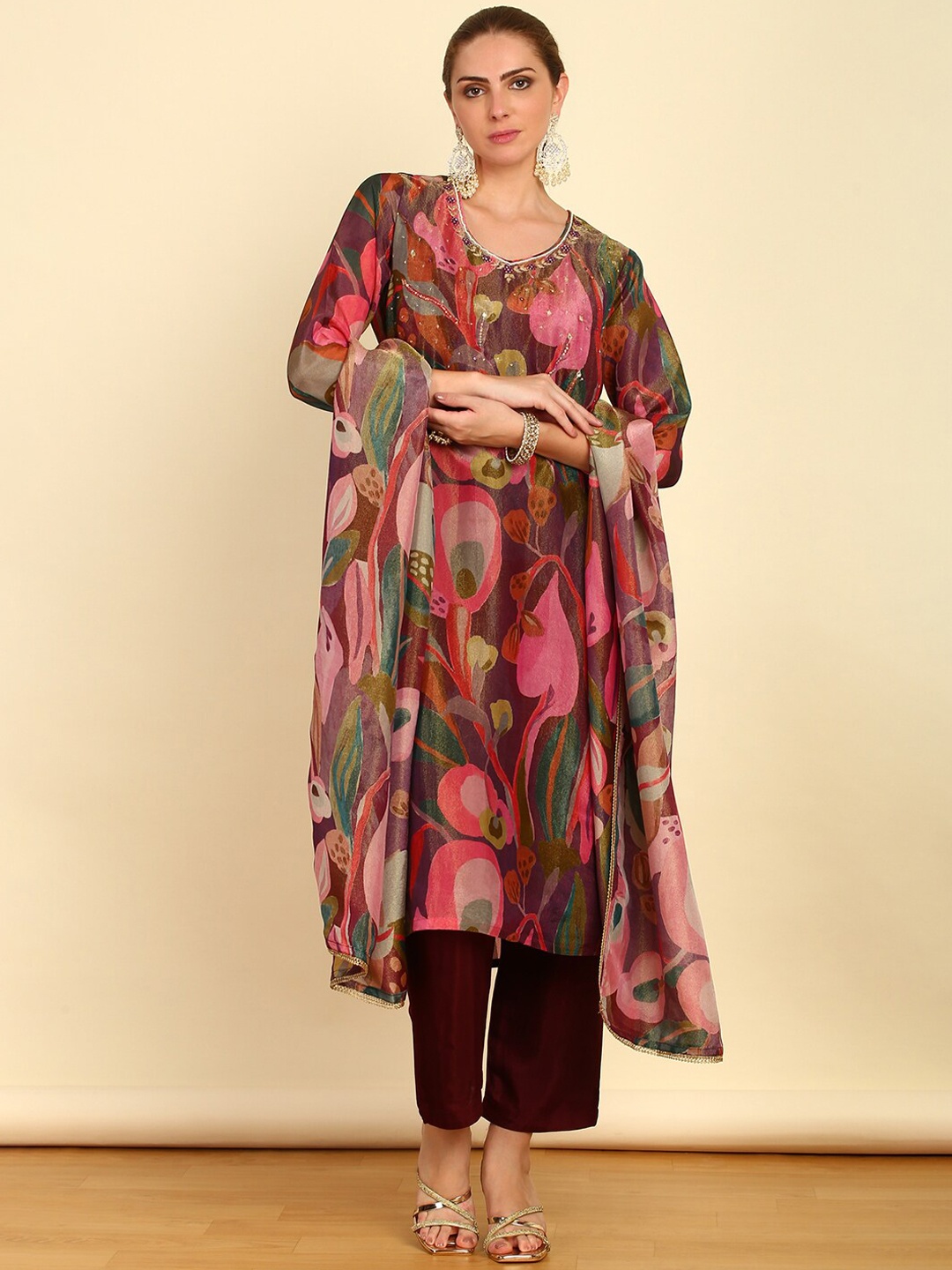 

Soch Floral Printed Mirror Work Kurta With Trousers & Dupatta, Purple