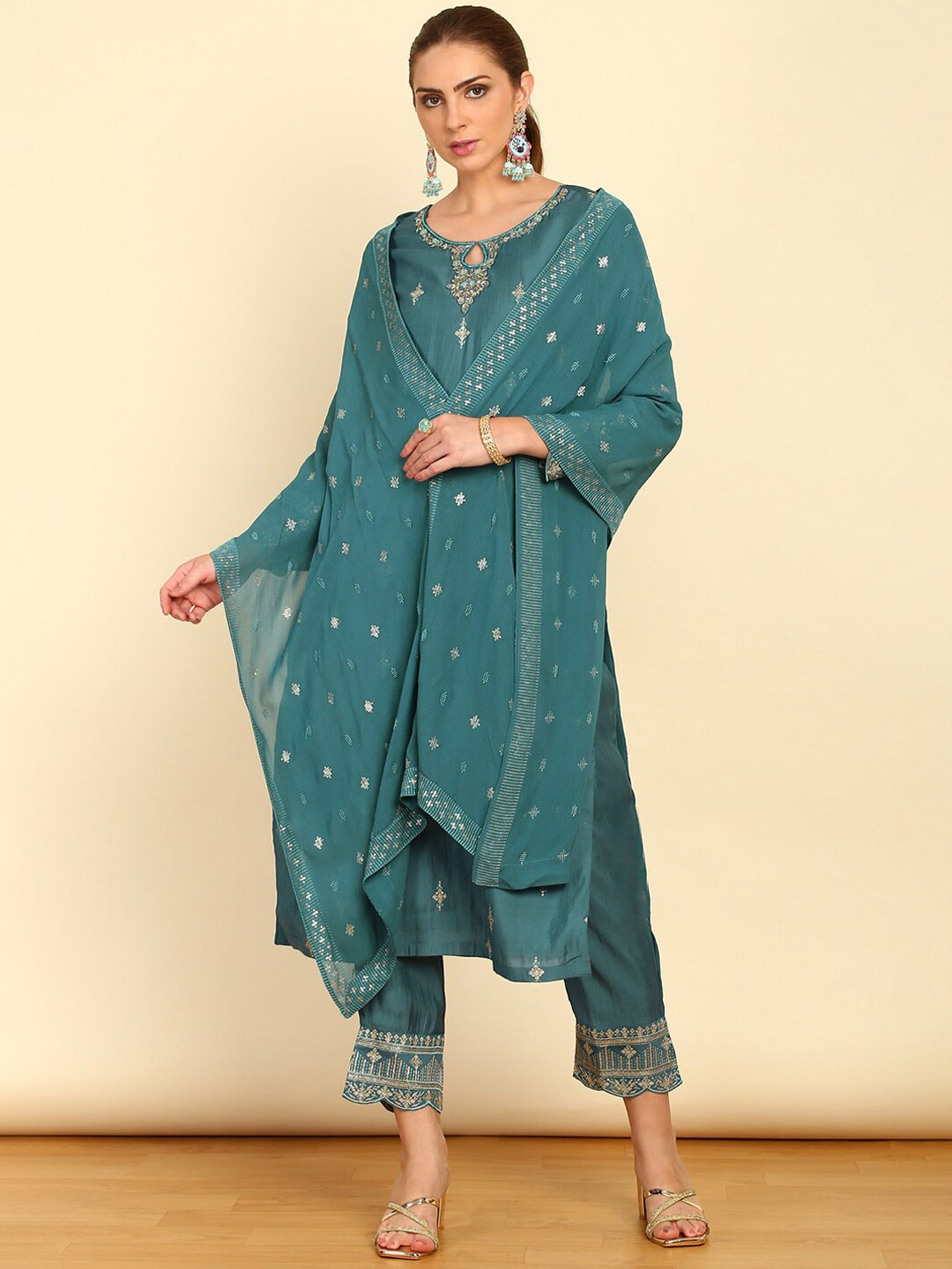 

Soch Floral Embroidered Beads and Stones Straight Kurta With Trousers & Dupatta, Teal