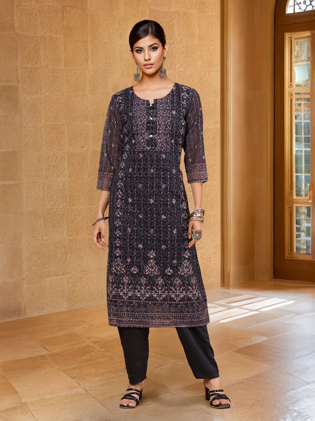 

Soch Black Ethnic Motifs Printed Thread Work Kurta with Trousers