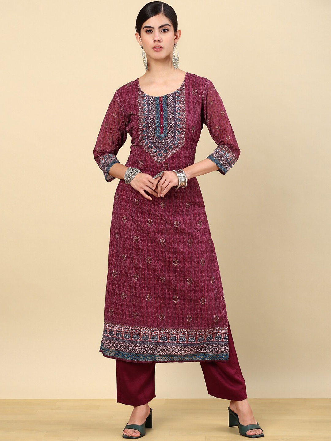 

Soch Ethnic Motifs Embroidered Thread Work Straight Kurta with Trousers, Maroon