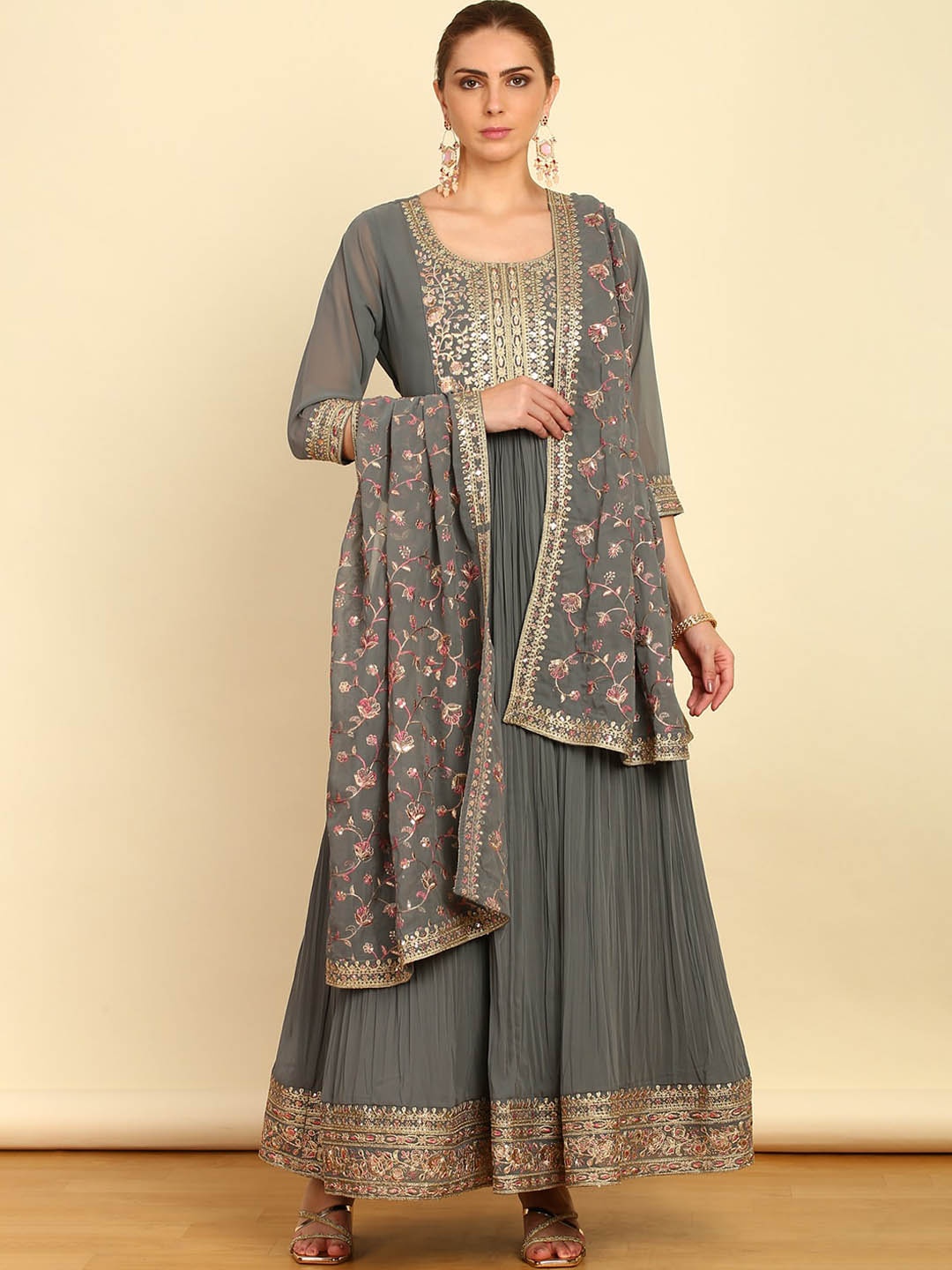 

Soch Ethnic Motifs Embroidered Empire Sequinned Kurta with Churidar & Dupatta, Grey