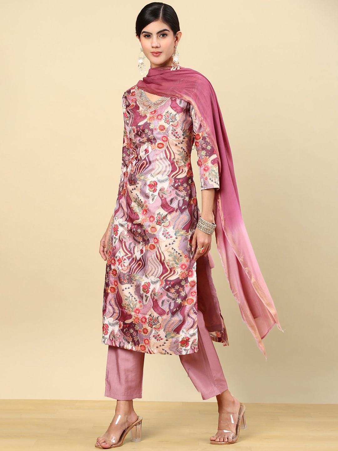 

Soch Floral Printed Regular Thread Work Kurta with Trouser & Dupatta, Pink