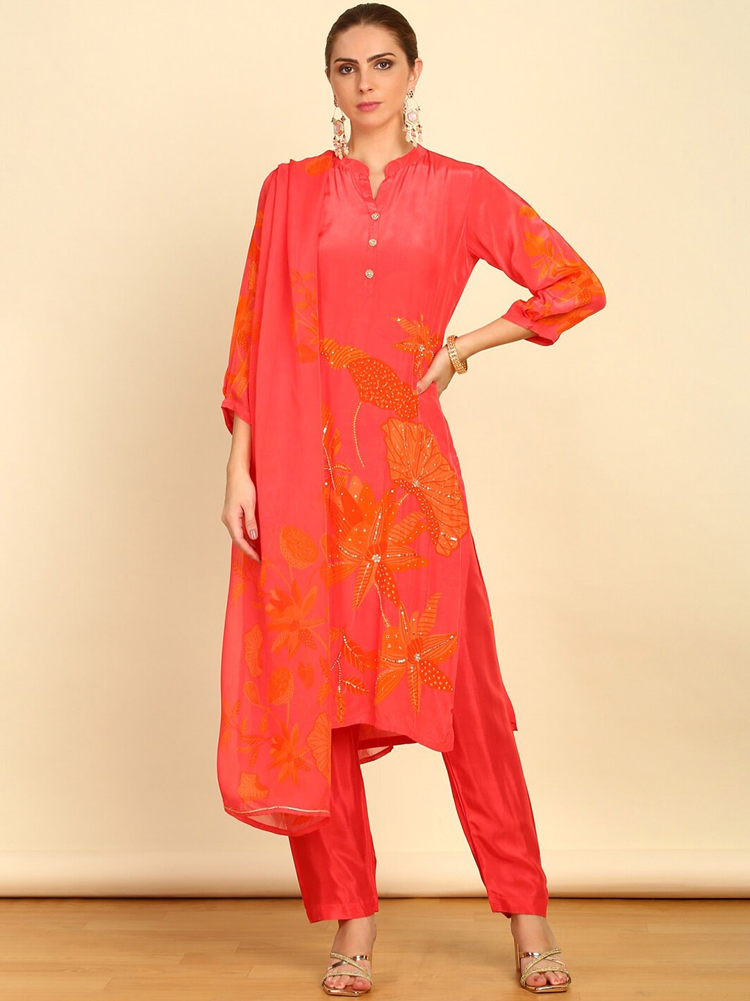 

Soch Pink Floral Printed Beads & Stones Straight Kurta with Trousers & Dupatta