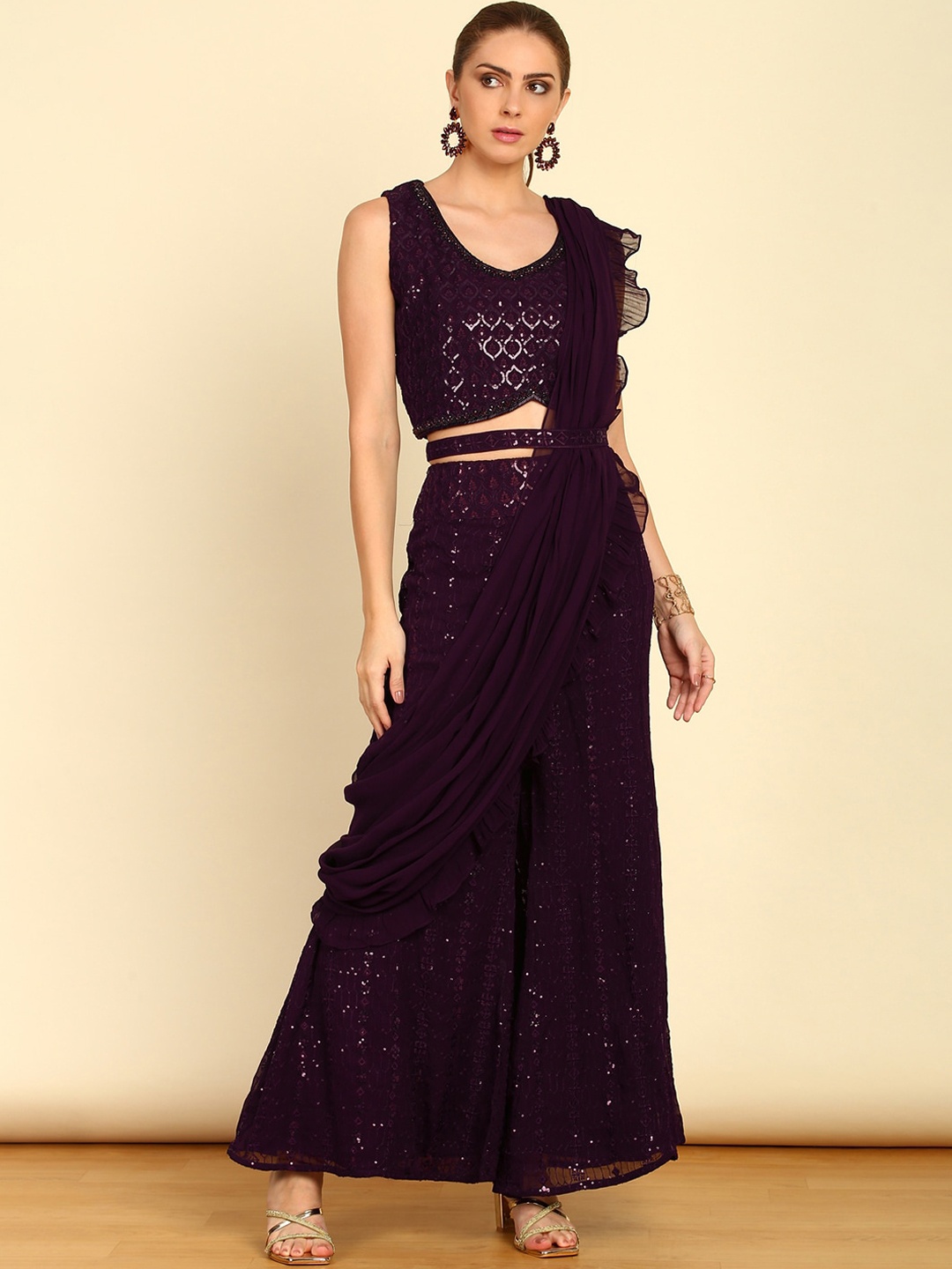 

Soch Sequin Embellished Georgette Co-Ords Set With Belt, Purple