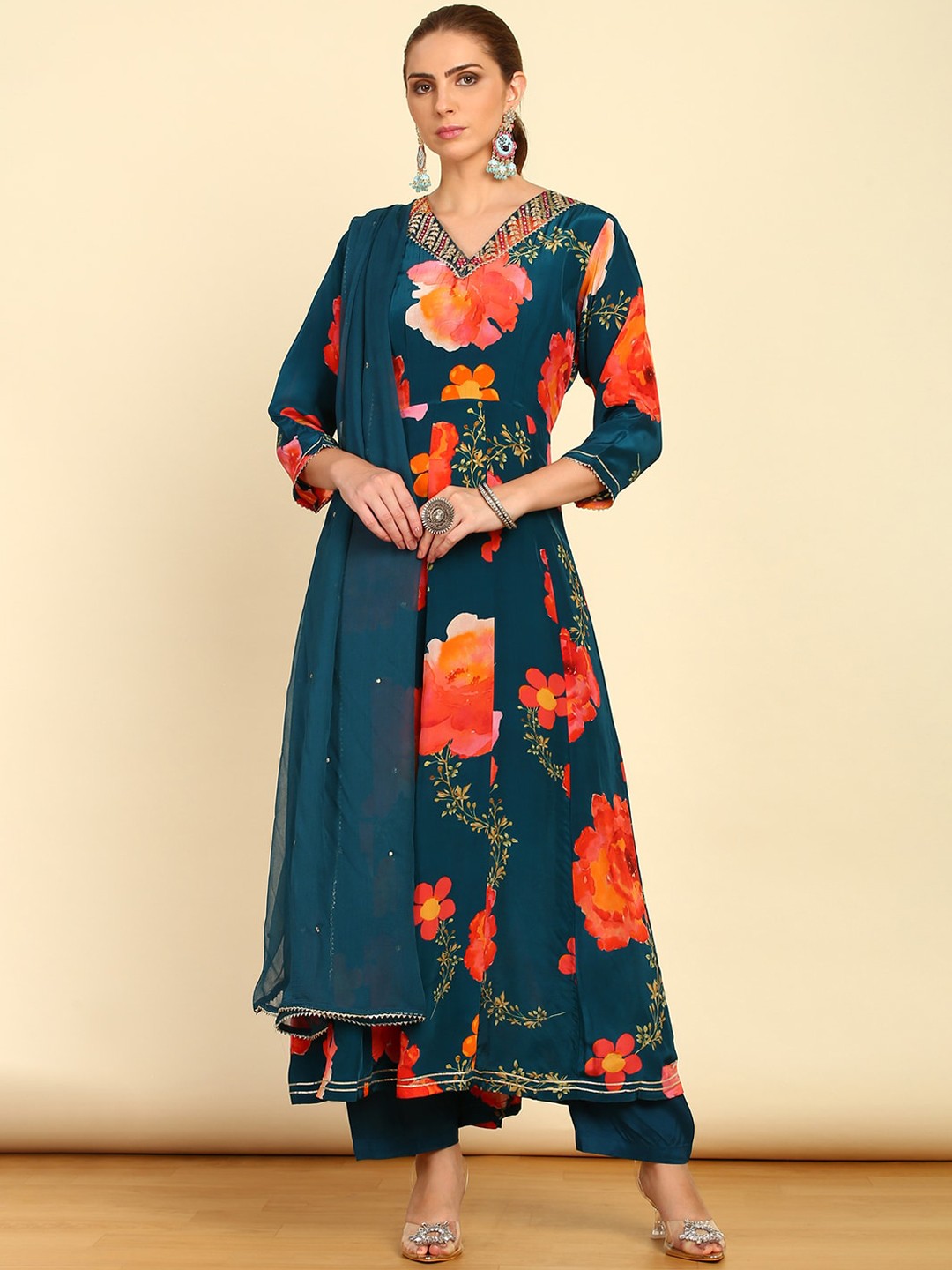 

Soch Floral Printed Layered Gotta Patti Kurta with Trouser & Dupatta, Blue