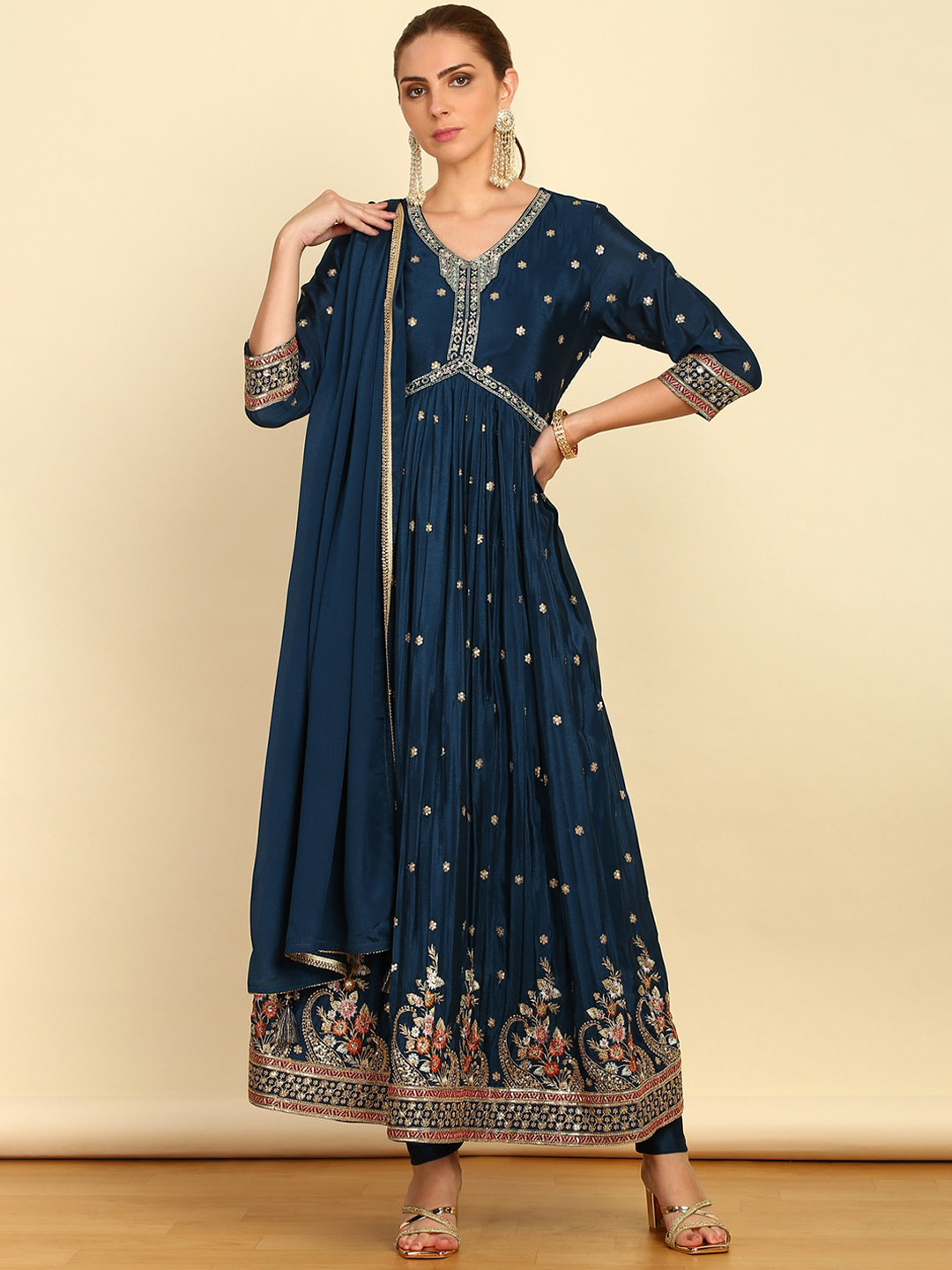 

Soch Floral Embroidered Empire Mirror Work Kurta & Churidar With Dupatta, Navy blue