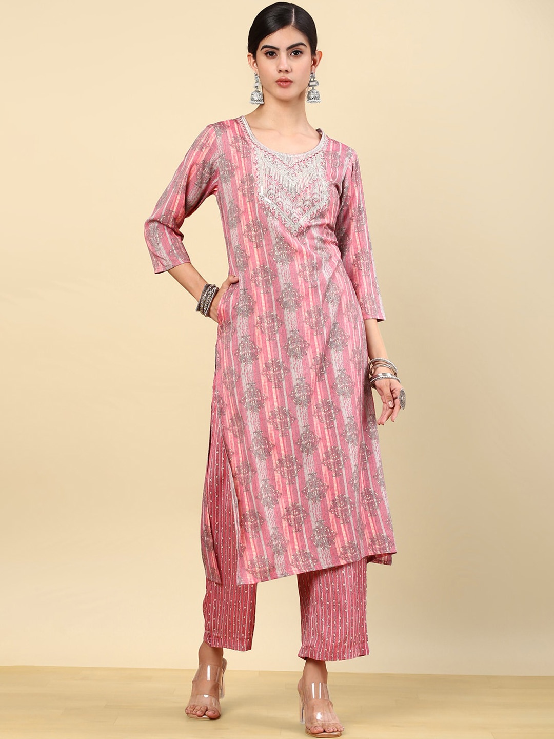 

Soch Pink Ethnic Motifs Embroidered Regular Sequinned Kurta With Trousers