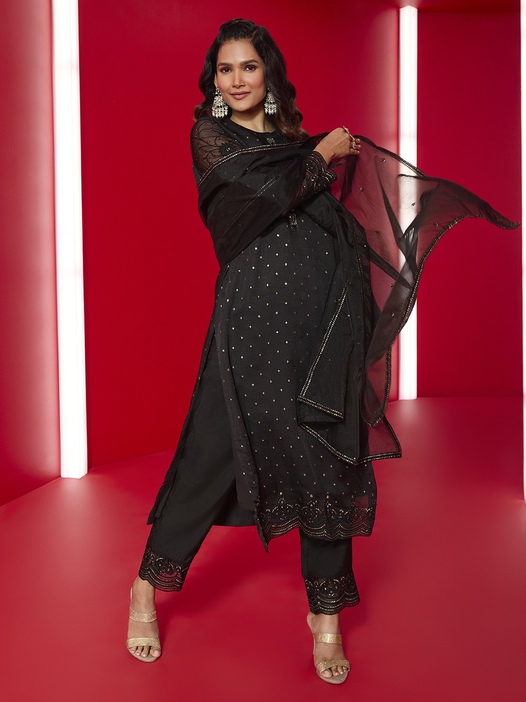 

Soch Ethnic Motifs Embroidered Sequinned Kurta With Trousers & Dupatta, Black