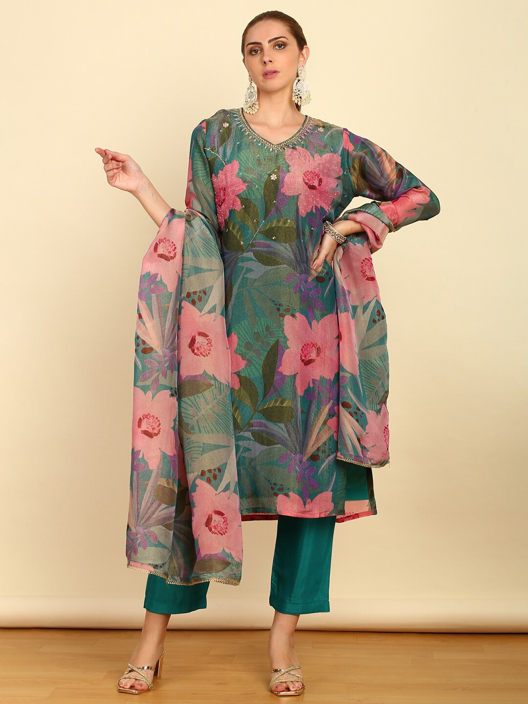 

Soch Green Floral Printed Regular Beads & Stones Kurta With Trousers & Dupatta