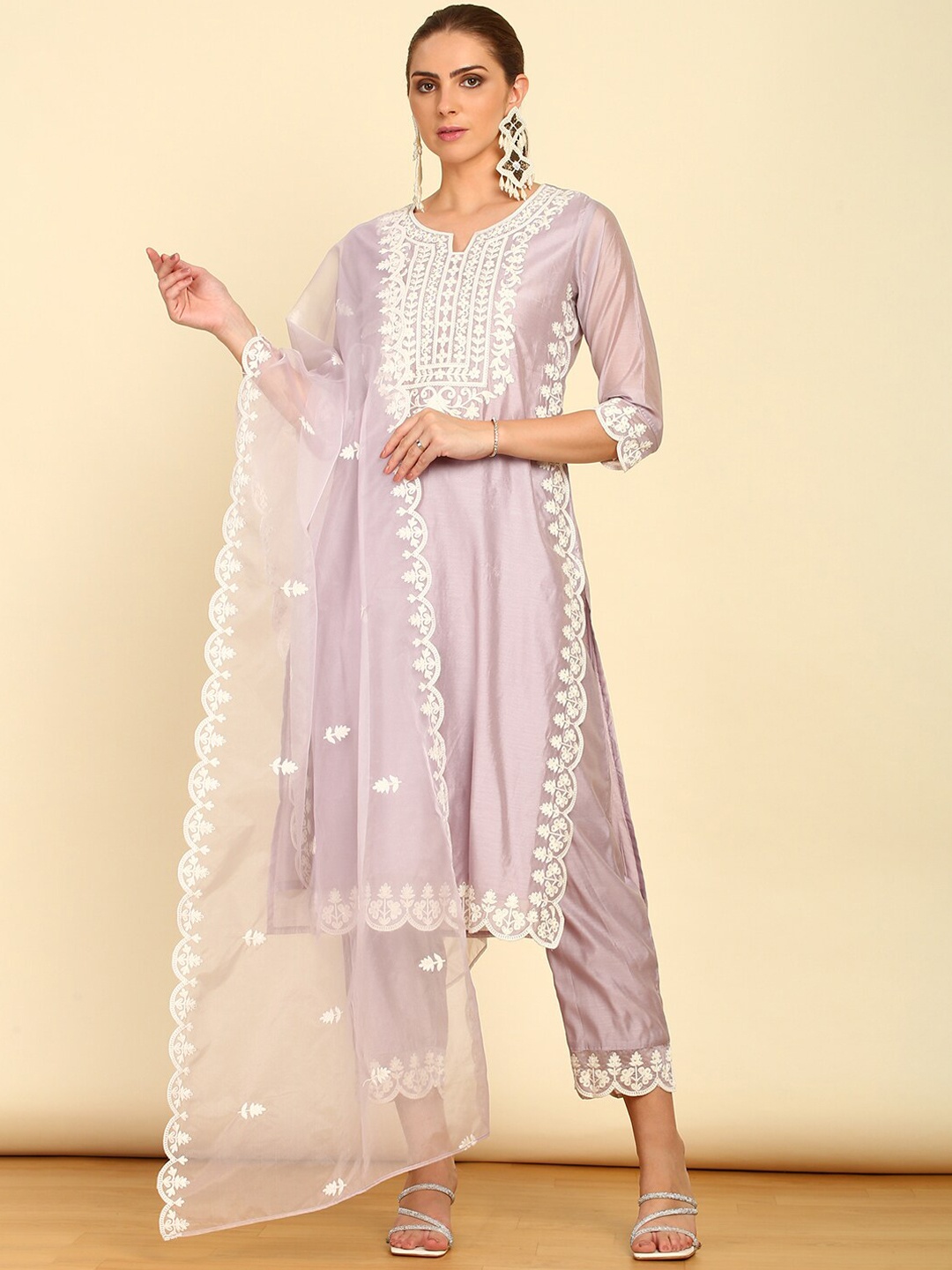 

Soch Ethnic Motifs Yoke Design Thread Work Kurta with Trousers & Dupatta, Purple