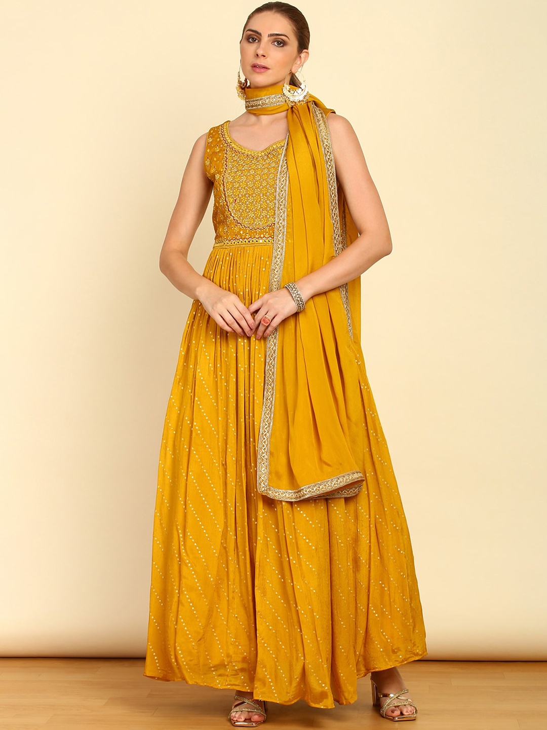 Soch Mustard Yellow Floral Embroidered Sequinned Anarkali Kurta with Churidar & Dupatta