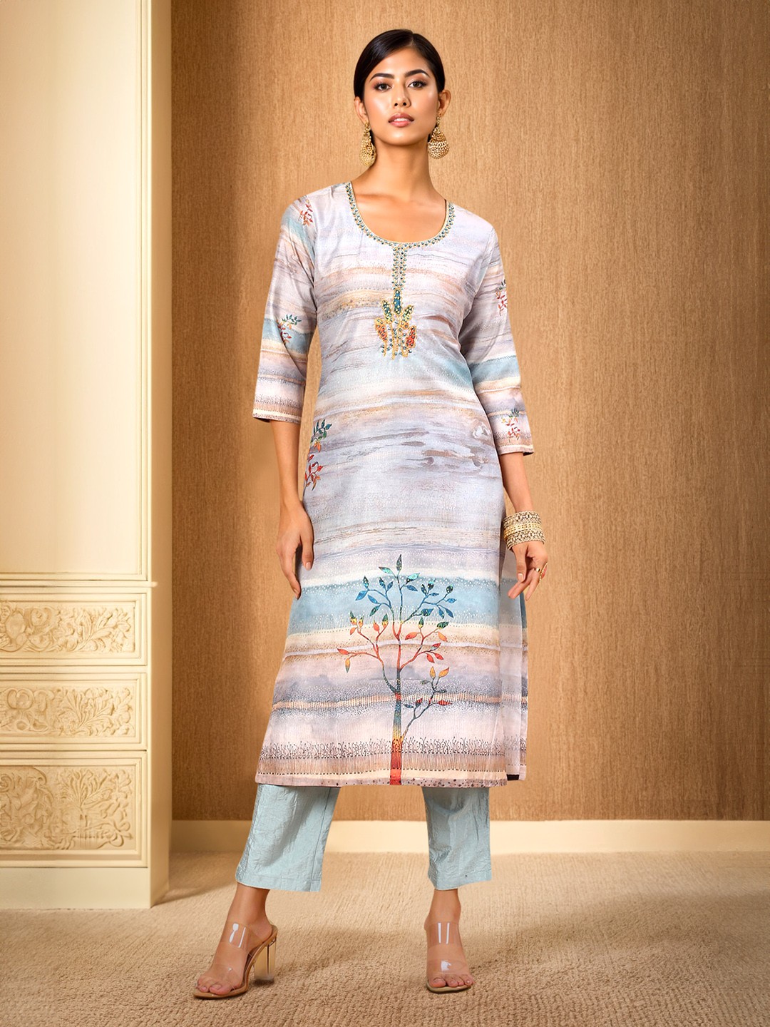 

Soch Floral Printed Regular Beads and Stones Kurta with Trouser, Grey