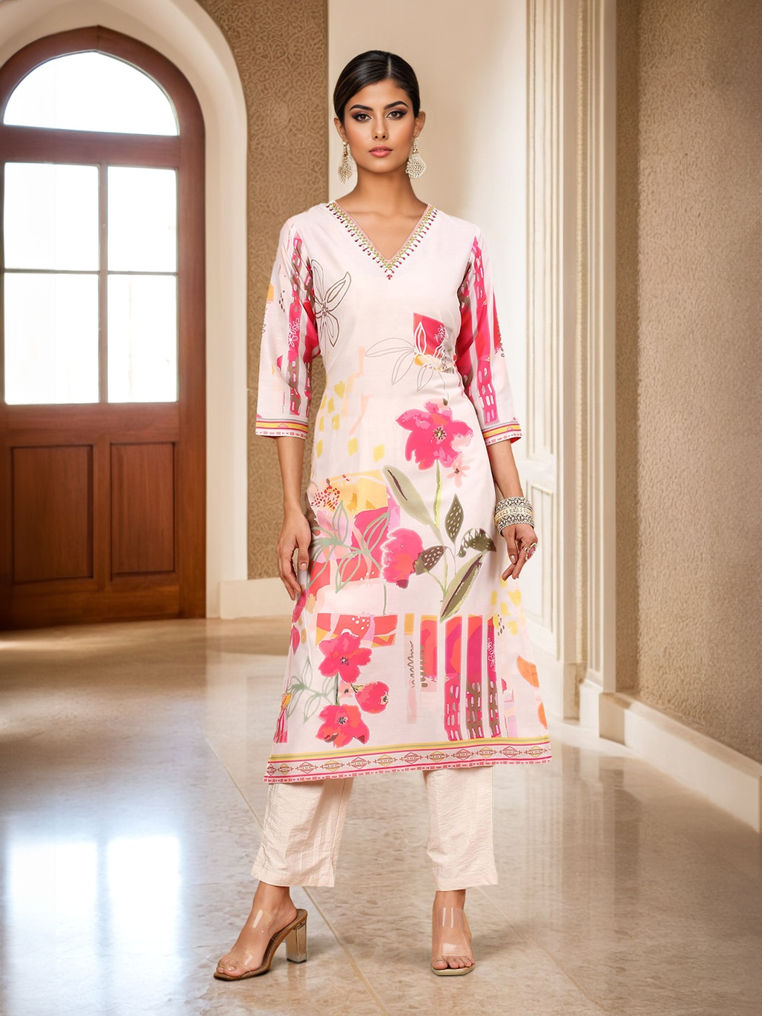 

Soch Floral Printed Regular Thread Work Kurta with Trouser, Cream