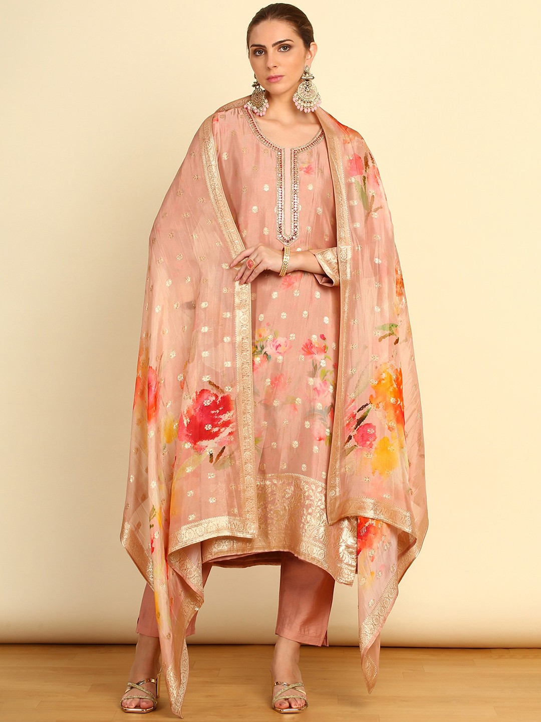 

Soch Floral Printed Regular Beads and Stones Kurta with Trouser & Dupatta, Peach