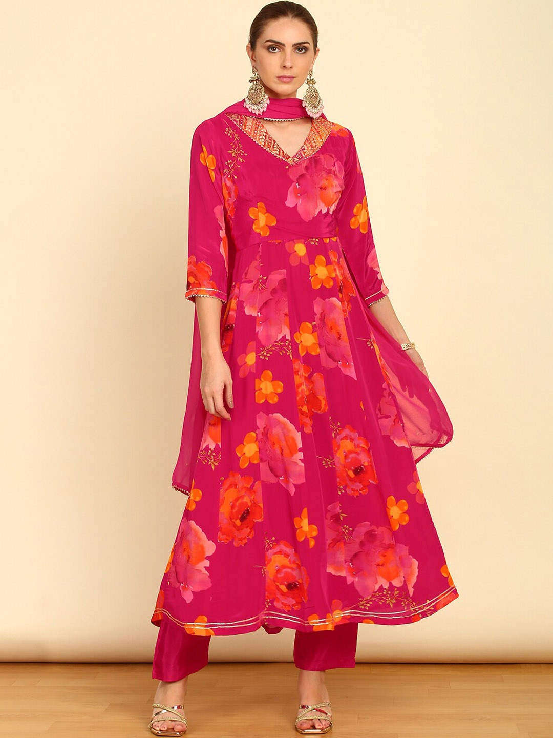 

Soch Floral Printed Anarkali Kurta With Trousers & Dupatta, Pink