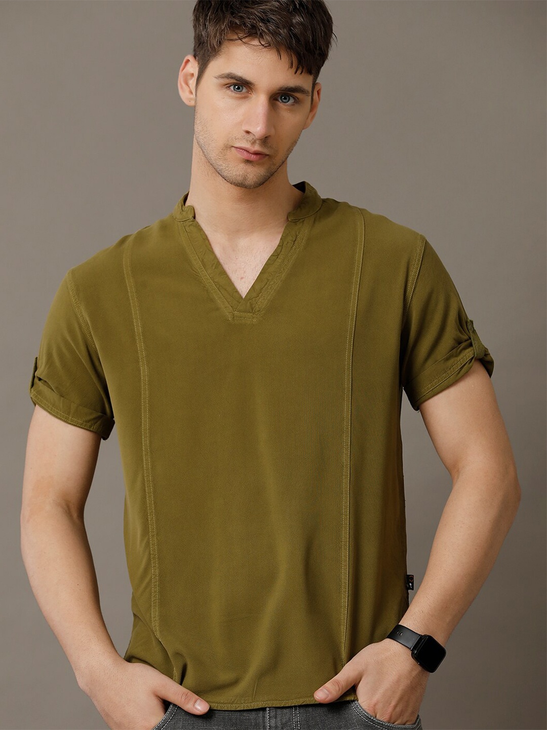 

IDENTITI Slim Fit Mandarin Collar Roll-Up Sleeves Casual Shirt, Green