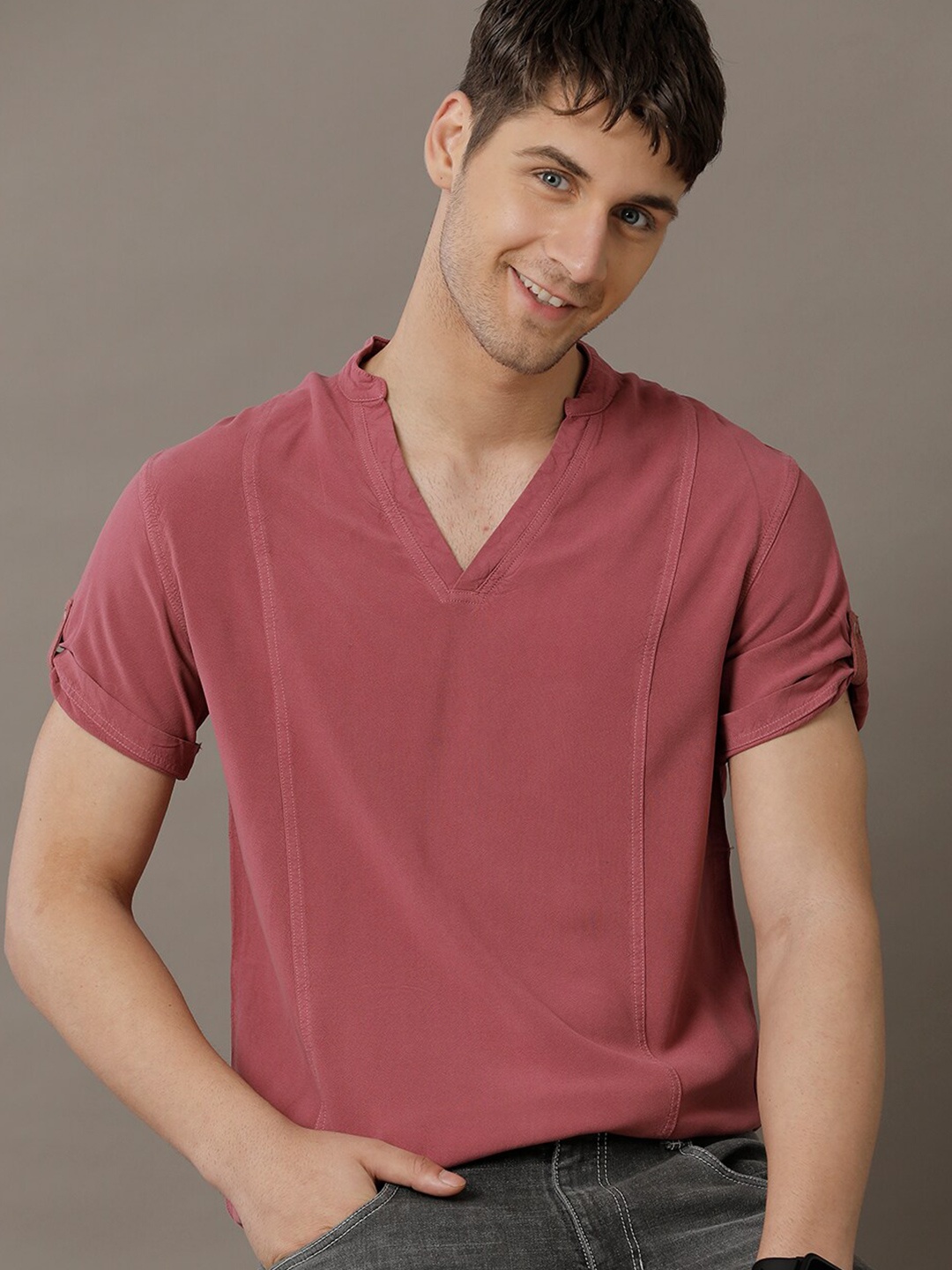 

IDENTITI Mandarin Collar Roll-Up Sleeves Half Placket Slim Fit Casual Shirt, Peach