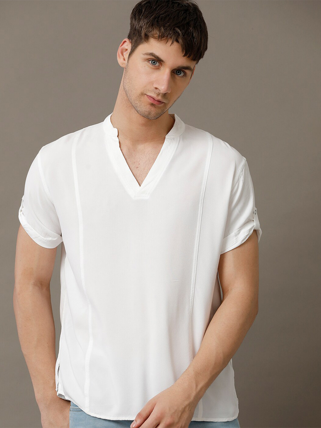 

IDENTITI Mandarin Collar Roll-Up Sleeves Half Placket Slim Fit Casual Shirt, White