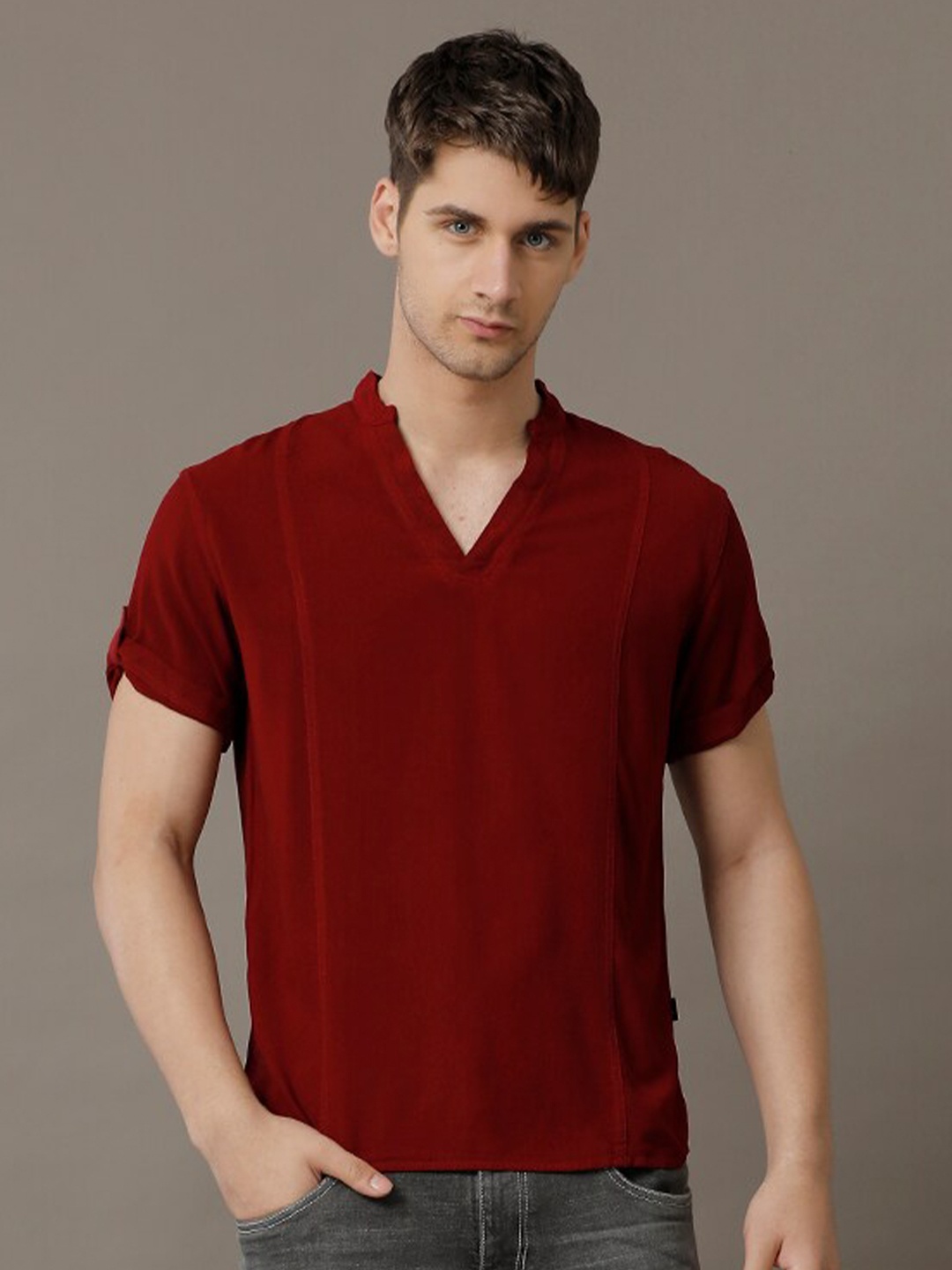 

IDENTITI Mandarin Collar Roll-Up Sleeves Half Placket Slim Fit Casual Shirt, Maroon