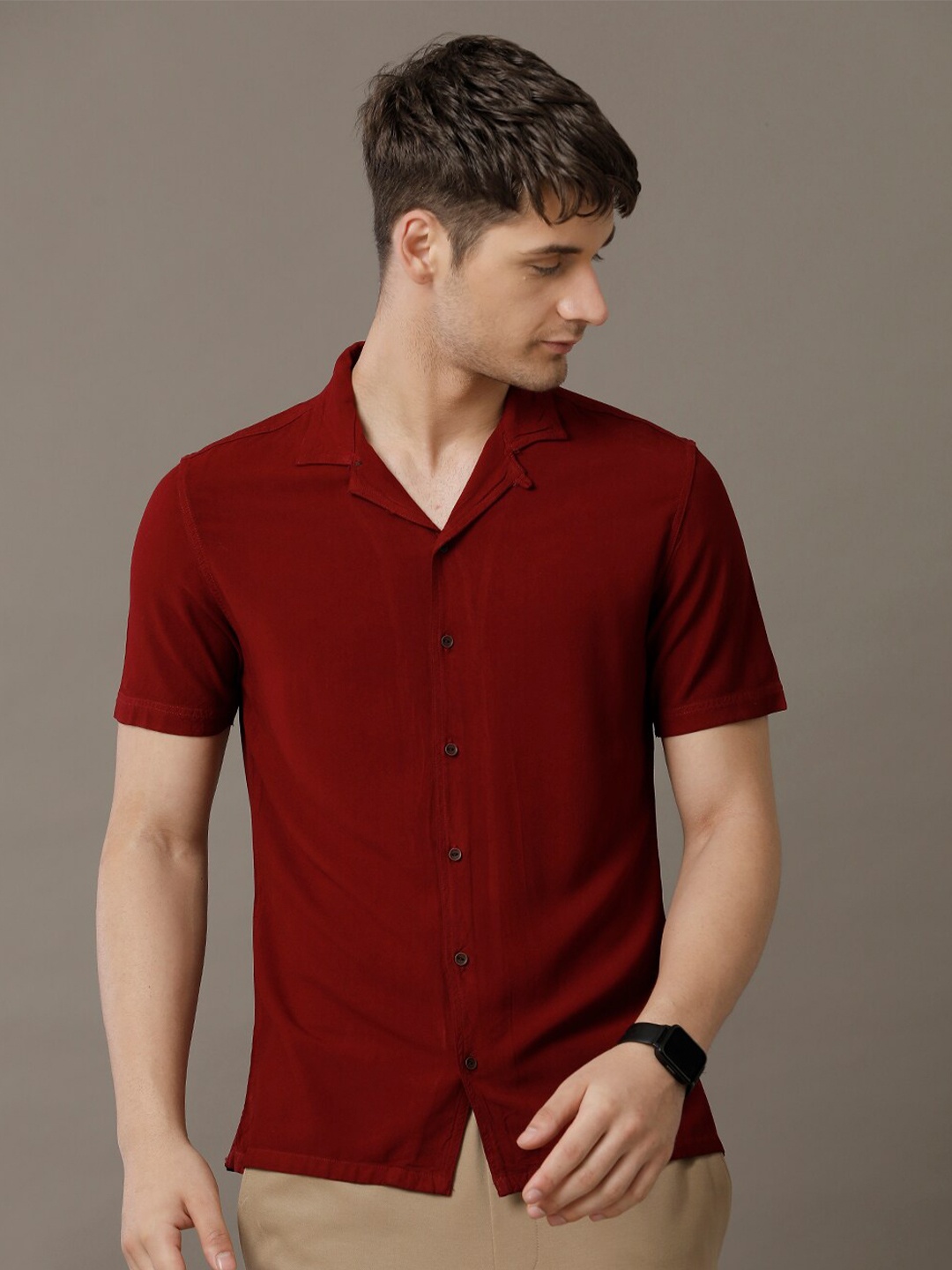 

IDENTITI Slim Fit Cuban Collar Casual Shirt, Maroon