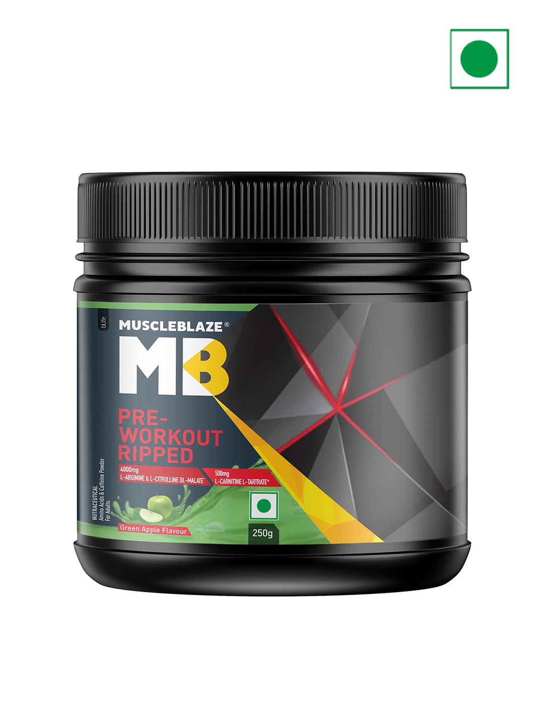 

MuscleBlaze Pre Workout Ripped Green Apple Flavoured -250 Gm, Black