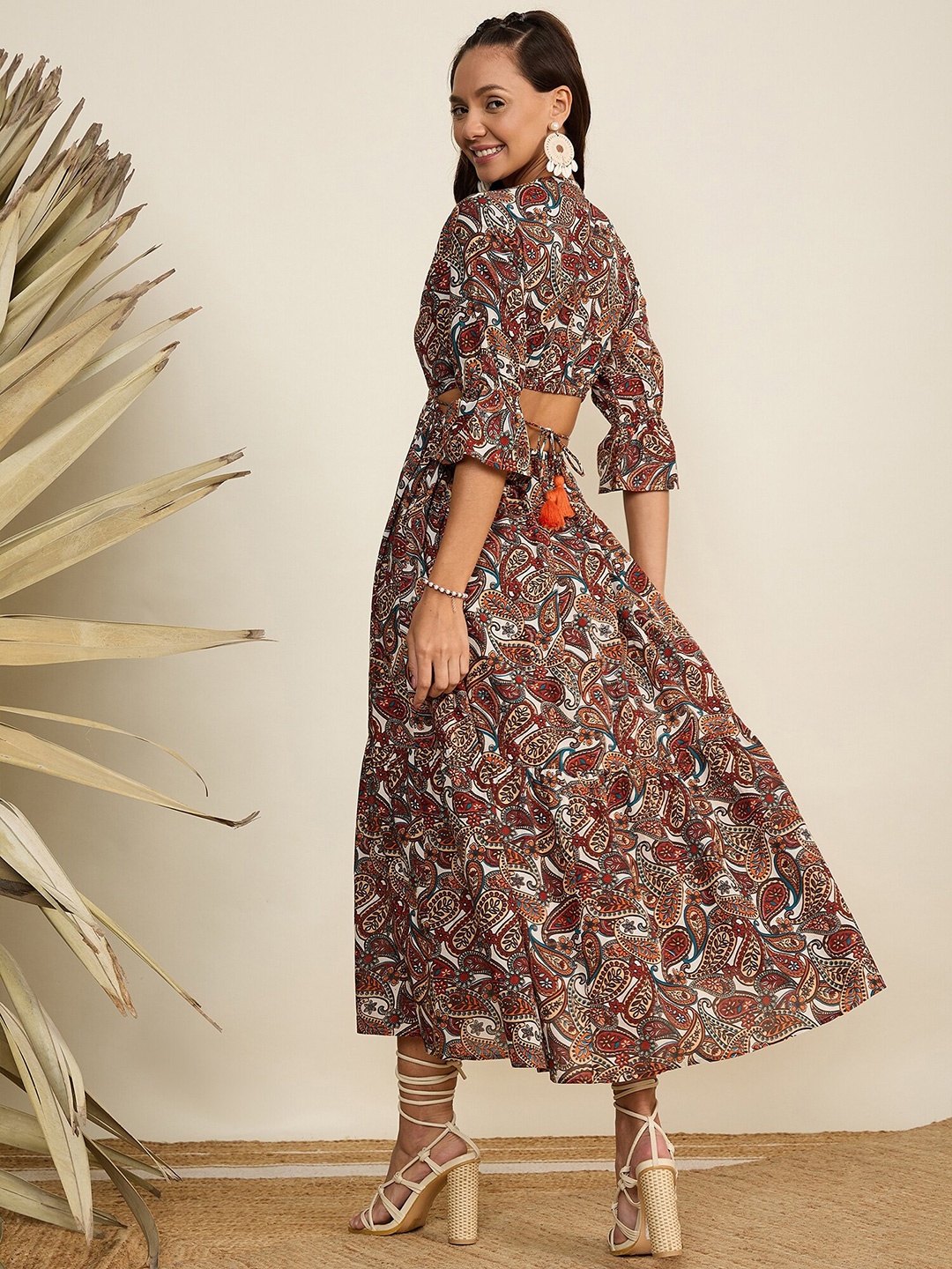 

WineRed Paisley Printed Bell Sleeves Cut-Out Pure Cotton Fit and Flare Maxi Dress, Brown