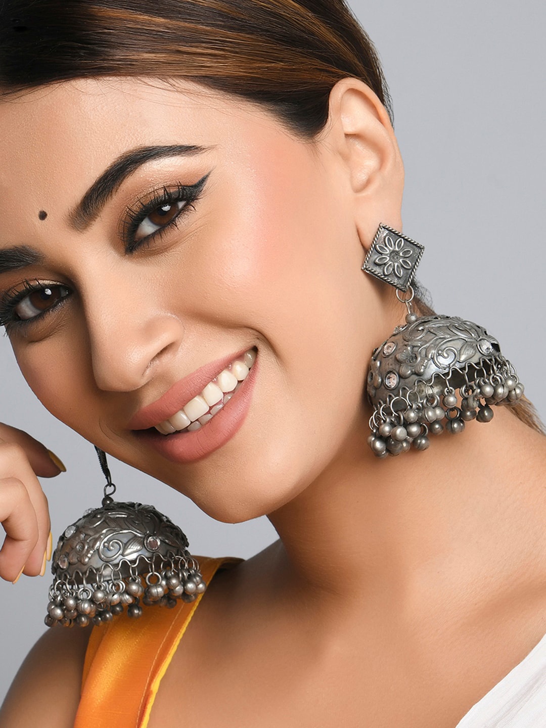 

Fida Silver Plated Artificial Stones Studded Dome Shaped Jhumkas Earrings