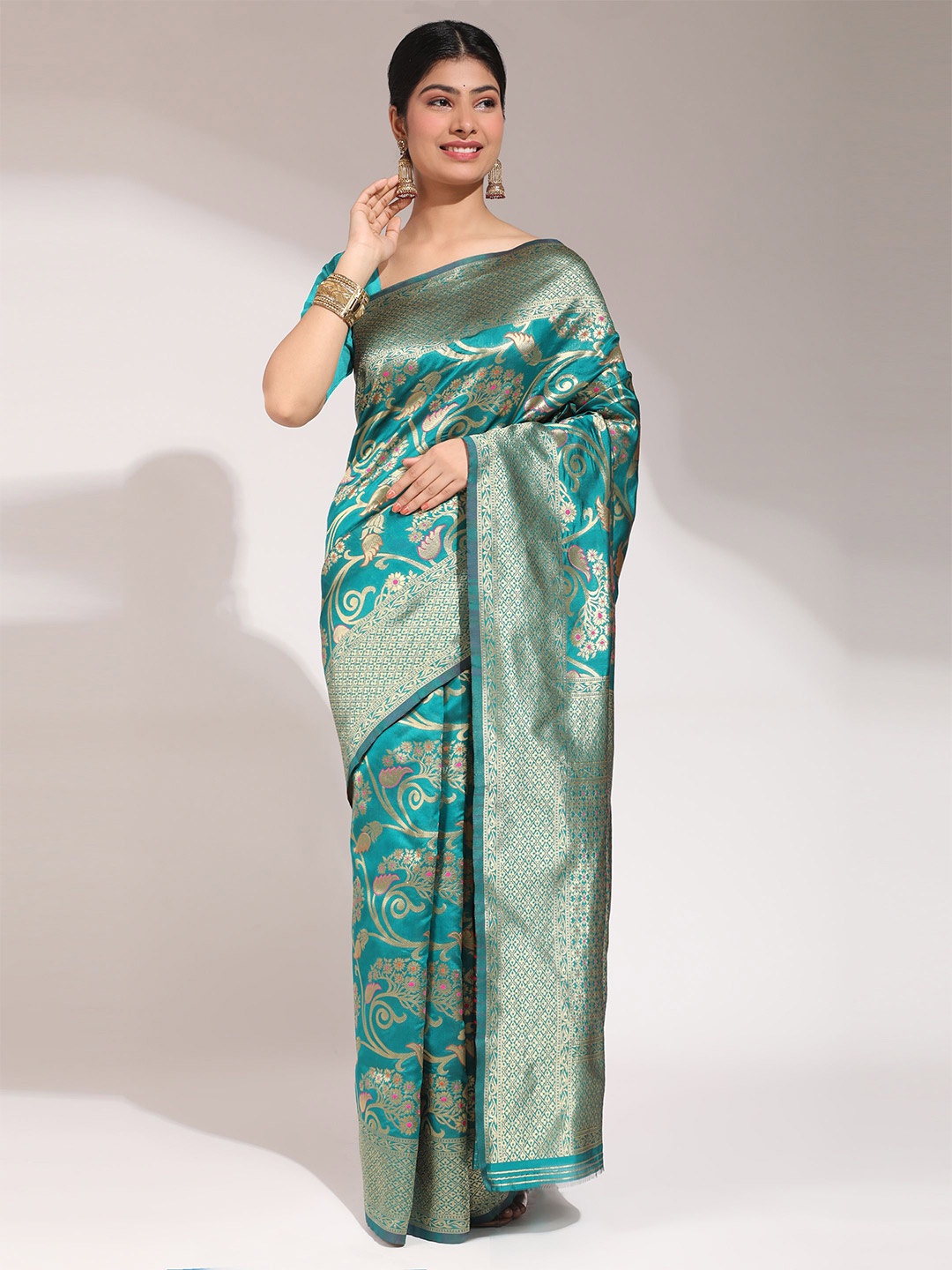 

Phenav Ethnic Motifs Woven Design Zari Pure Silk Banarasi Saree, Green