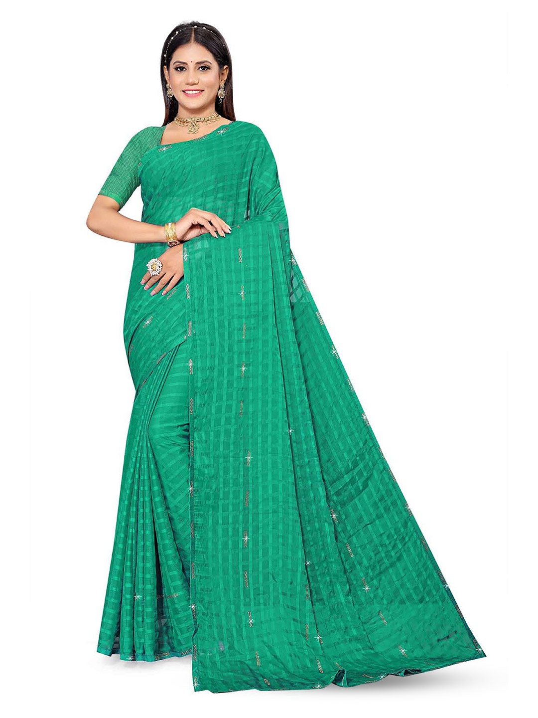 

V TEX SAREES Checked Woven Design Beads and Stones Saree, Green