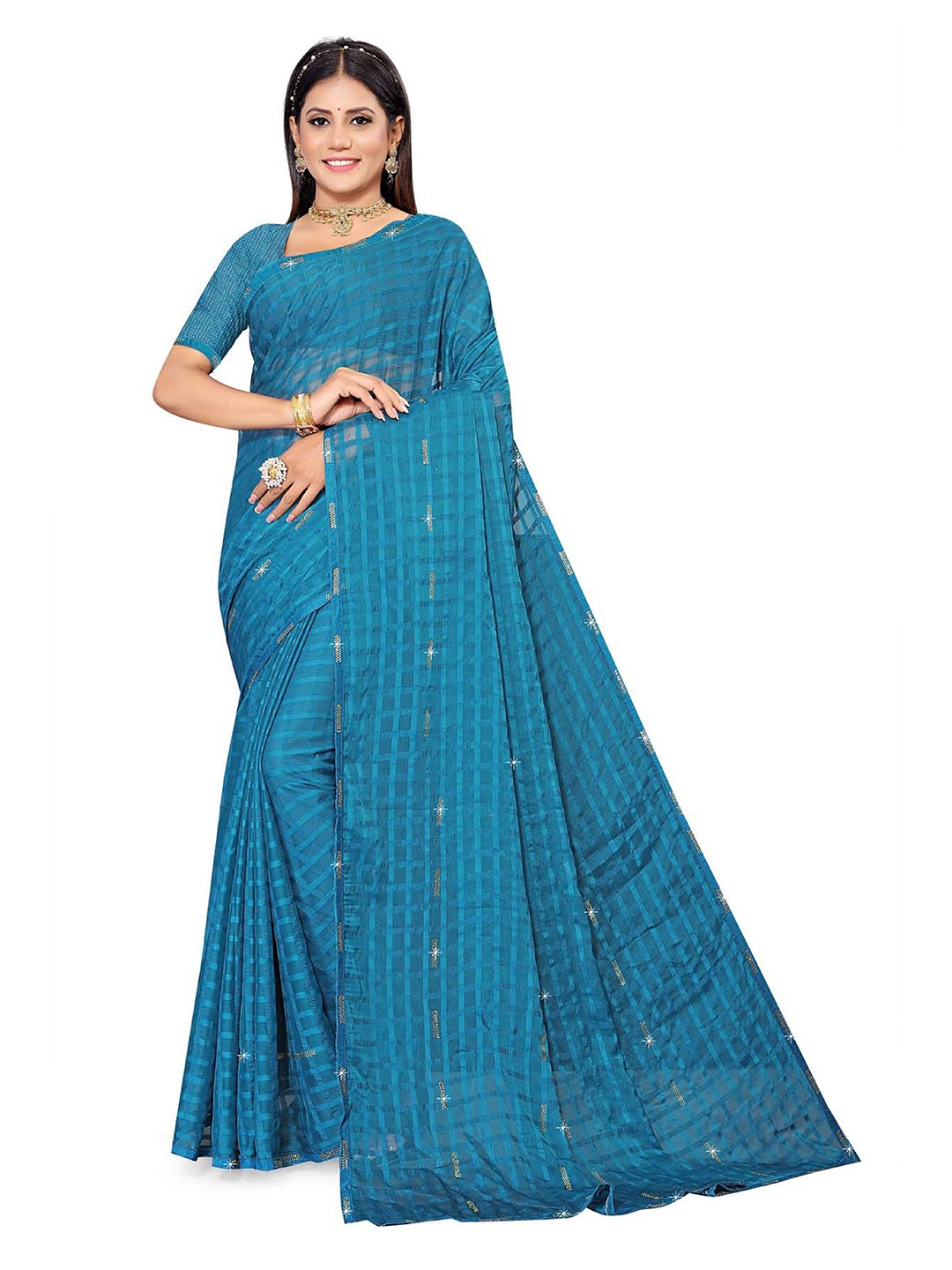 

V TEX SAREES Checked Woven Design Beads and Stones Saree, Blue