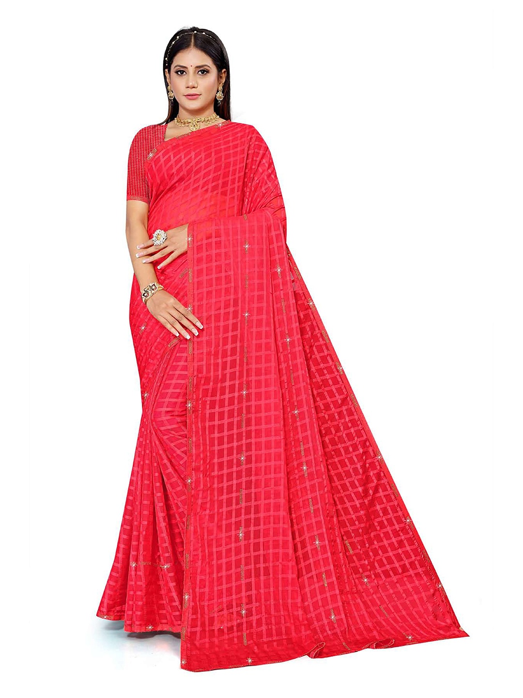 

V TEX SAREES Checked Woven Design Beads and Stones Saree, Red