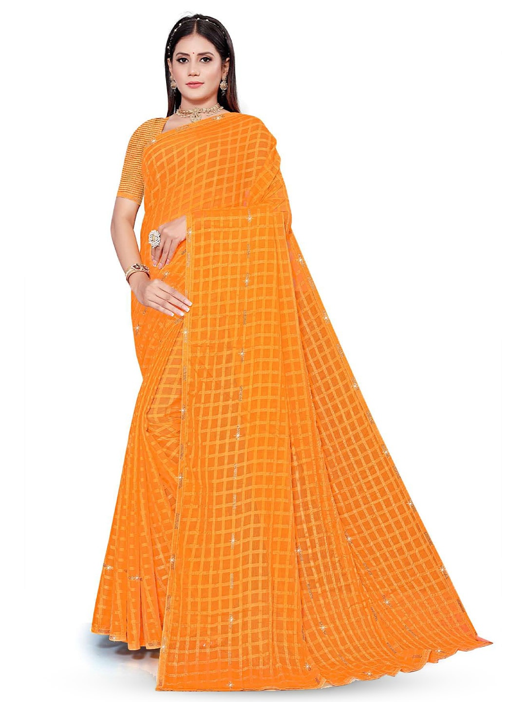 

V TEX SAREES Checked Woven Design Beads and Stones Saree, Mustard