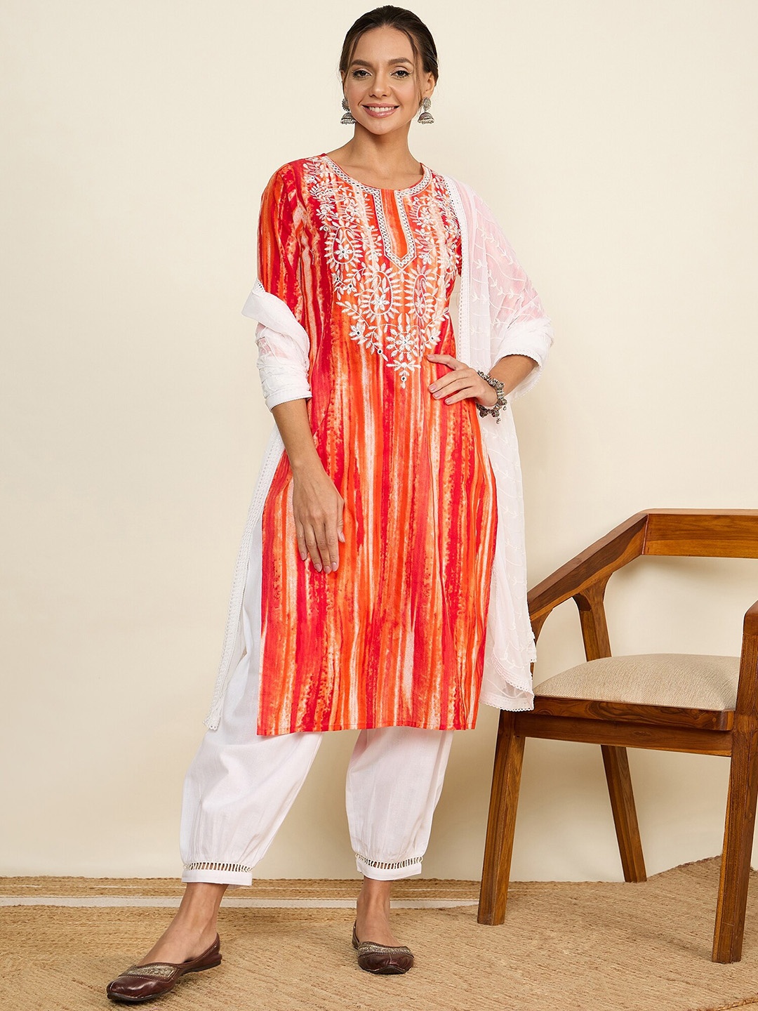 

WineRed Ethnic Motifs Embroidered Mirror Work Pure Cotton Kurta & Trousers With Dupatta, Orange