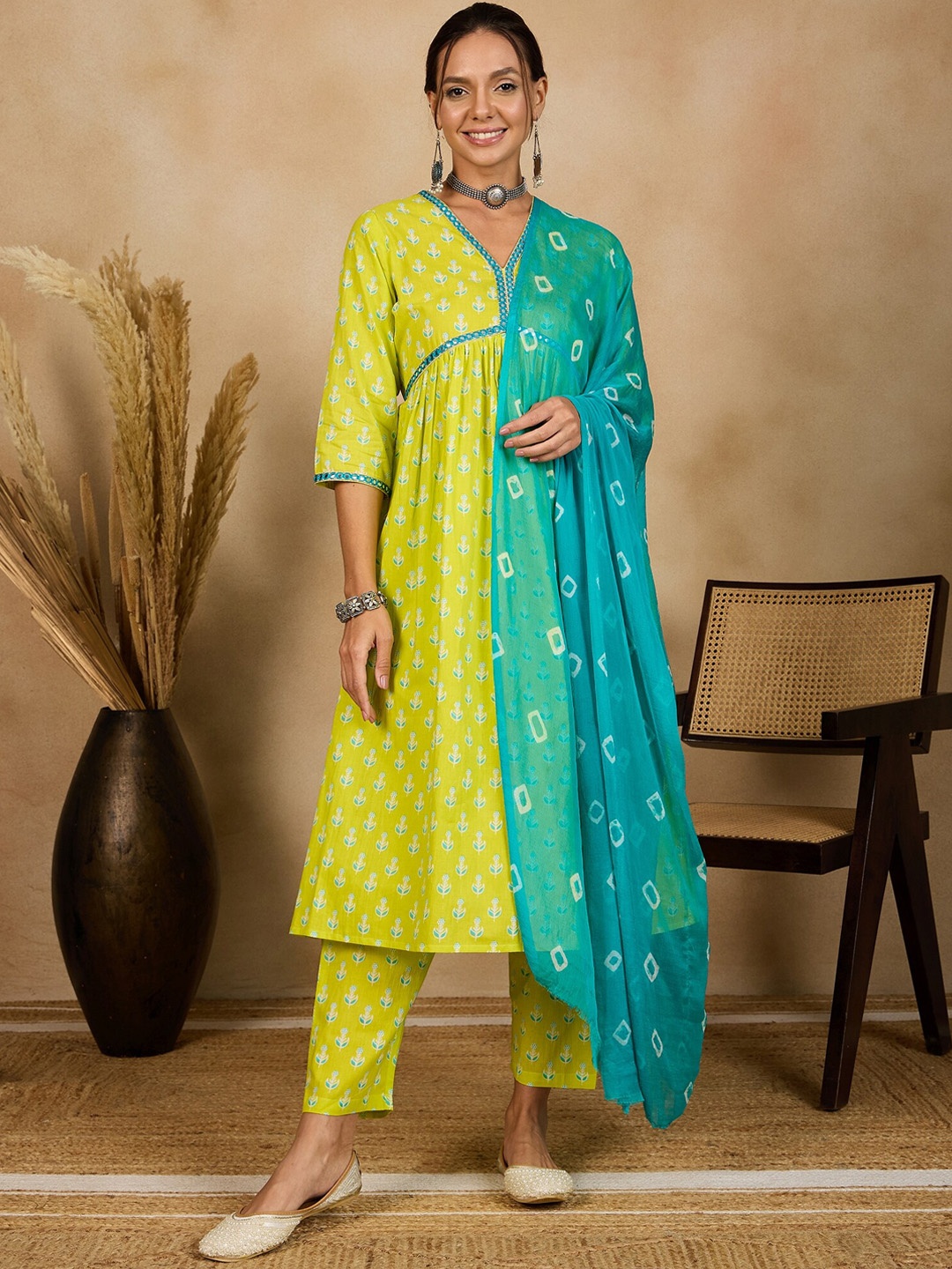 

WineRed Floral Printed Empire Mirror Work Pure Cotton Naira Cut Kurta & Trousers & Dupatta, Lime green