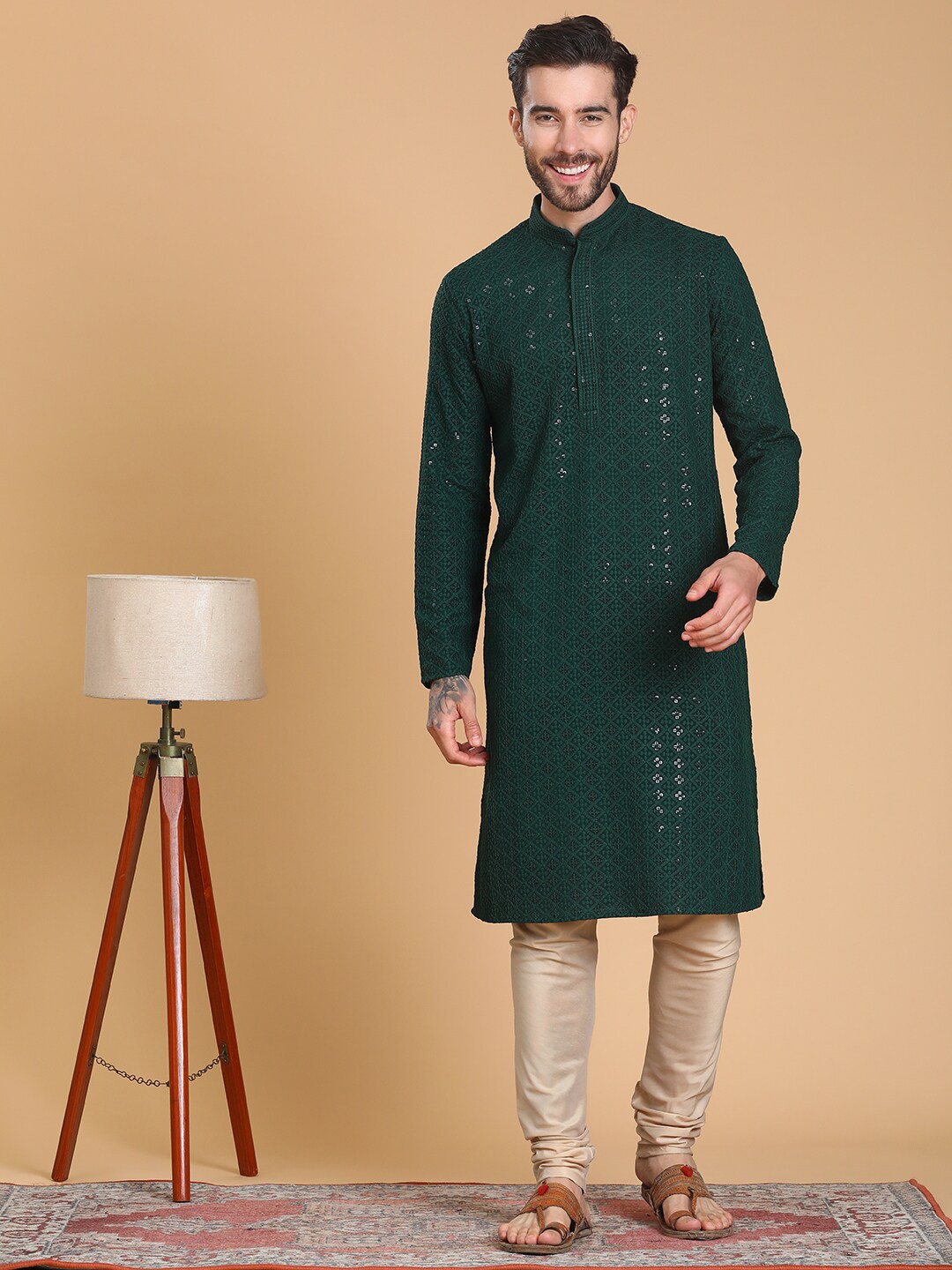 

TABARD Mandarin Collar Cotton Embroidered Kurta, Green